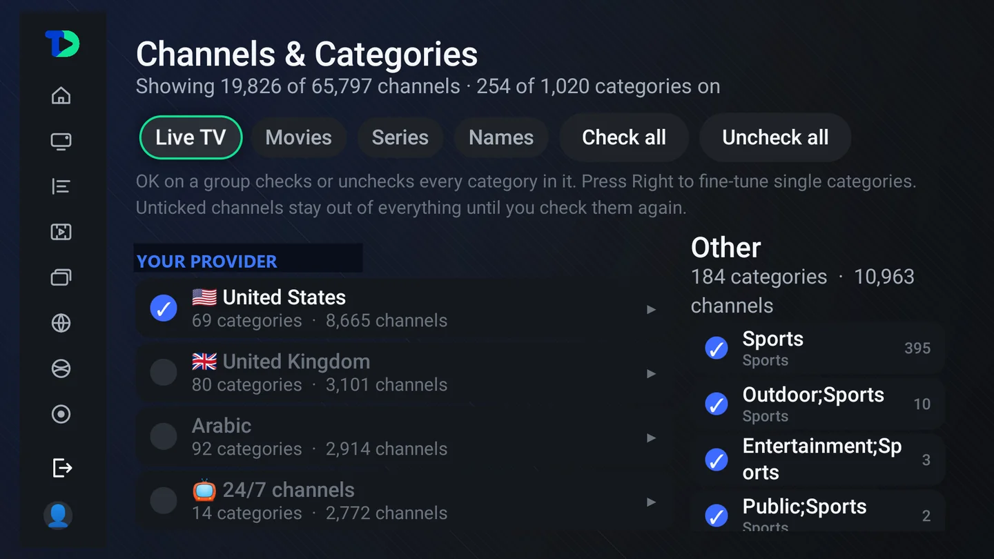 The category manager: Live TV, Movies, Series and Names tabs, country groups with channel counts, and individual categories with checkboxes.