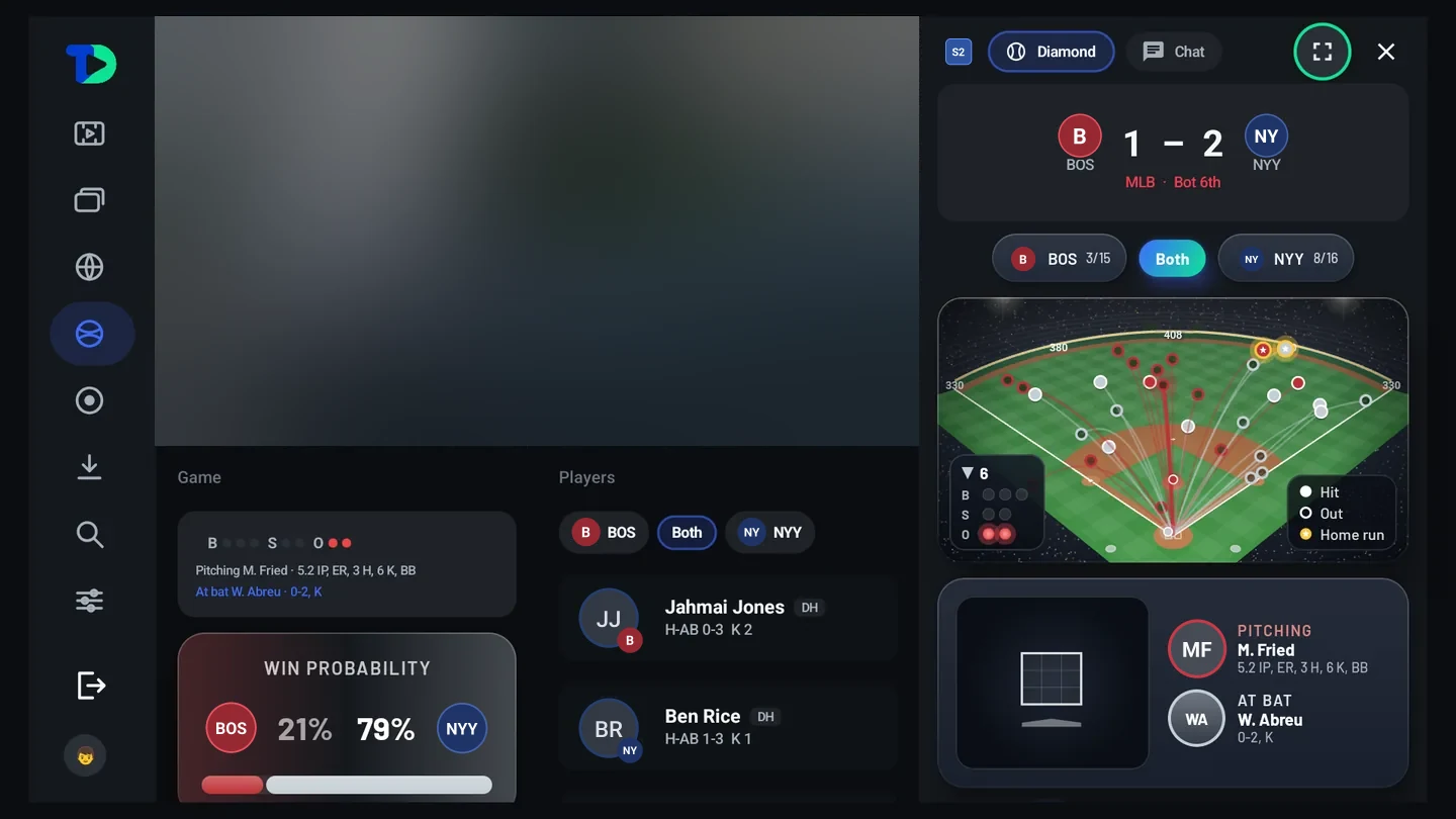 The Caveman Room beside a live baseball game: the game's channel playing, with the score, the diamond, win probability, the players and pitcher against batter, and Diamond and Chat tabs.