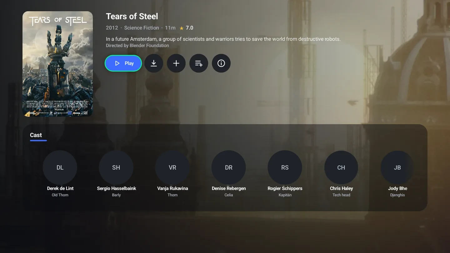The film page for Tears of Steel (2012): poster, Play, Keep on this box and Add to list buttons, and a cast row with faces.