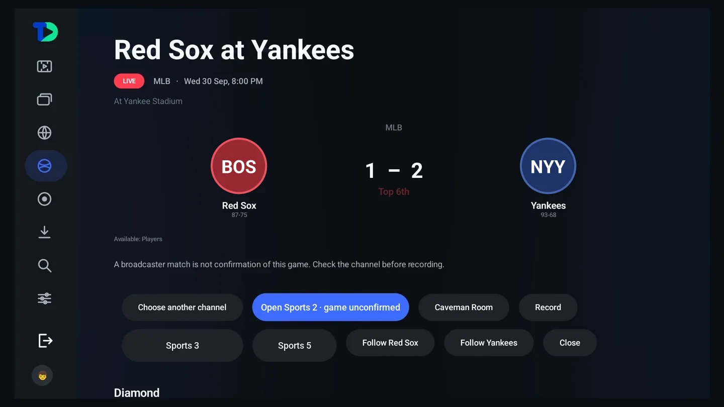A live game page for Red Sox at Yankees, 1-2 in the top of the 6th: buttons to open the channel, enter the Caveman Room or record it, the other channels carrying it, and a follow button for each side.