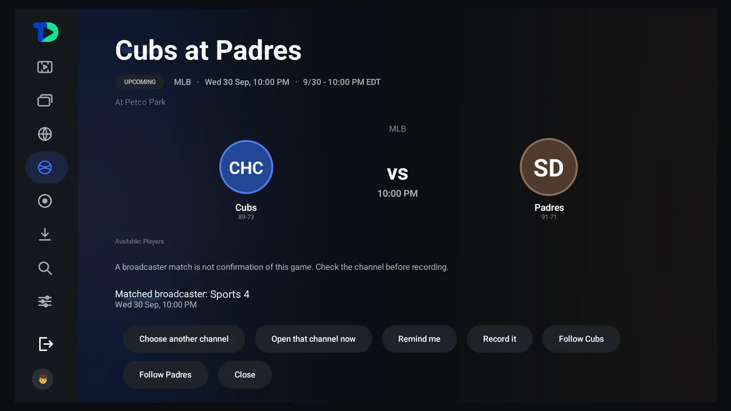 A game page for Cubs at Padres before the first pitch: crests and records, Petco Park, the start time, the matched broadcaster, and buttons to choose another channel, open that channel, set a reminder, record it or follow either team.
