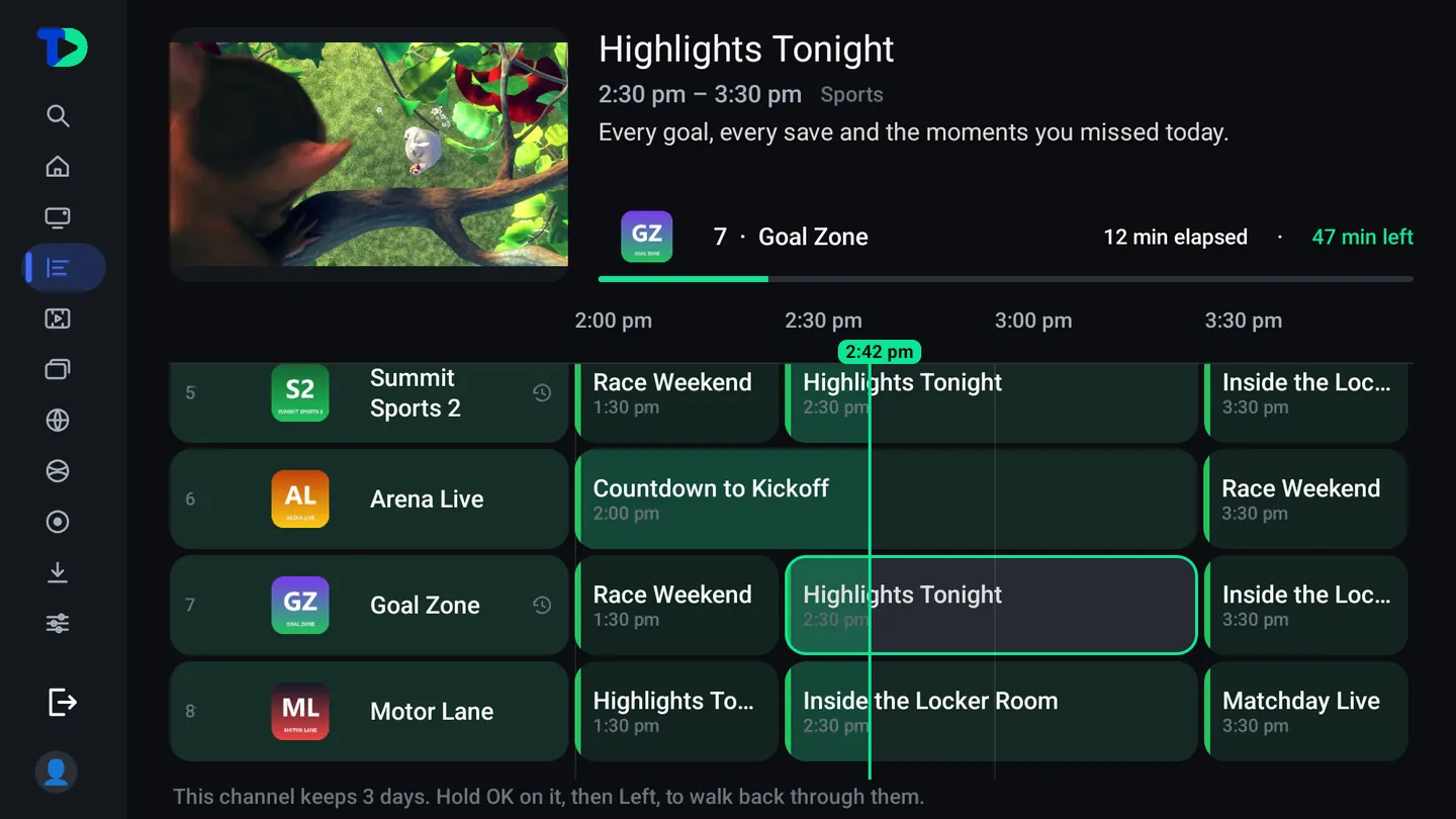 The guide filtered to a sports category, showing sports channels and their programs.