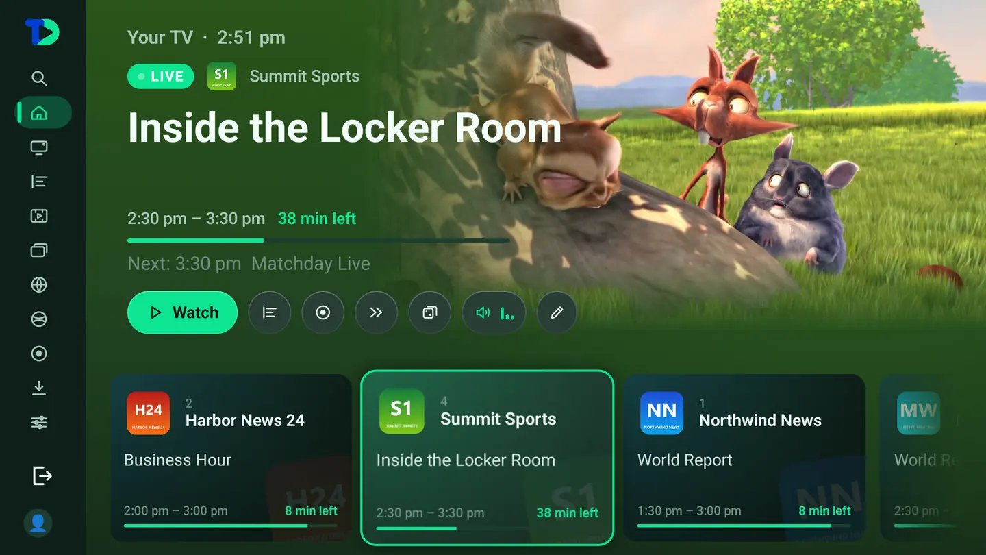 The home screen in the Sports theme: deep green with a green highlight.