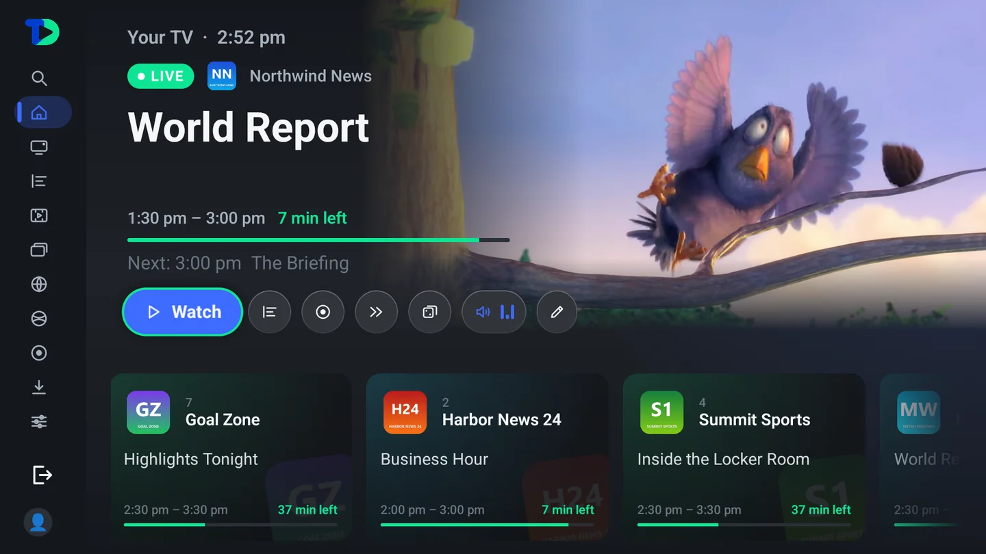 Home screen: channel tiles with the program on each and how far it has got, and the highlighted channel playing in a large preview beside the Watch, Guide and Record buttons.