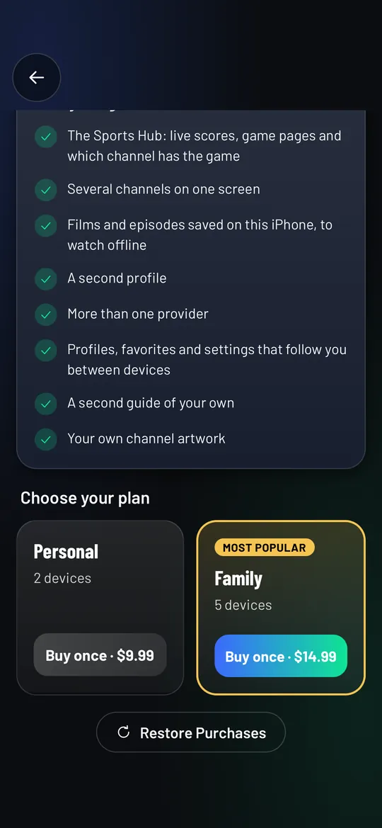 The Premium page on an iPhone: what Premium includes, Personal for 2 devices at $9.99 once, Family for 5 devices at $14.99 once, and Restore Purchases.