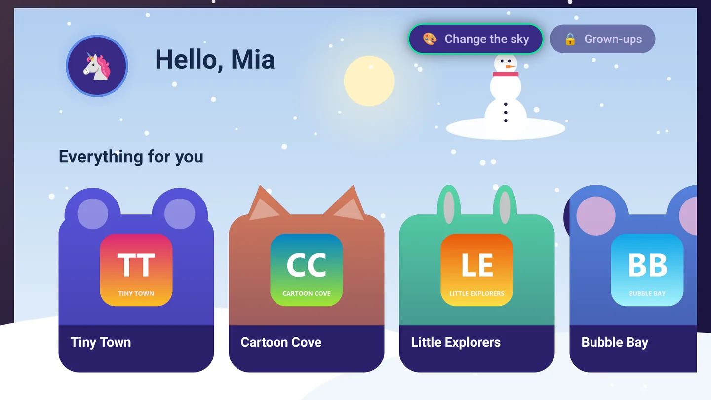 The kids home screen on the Snow day sky: a greeting for Mia, and the channels as animals -- a bear, a cat, a bunny and a mouse, each with the channel's logo for a face.