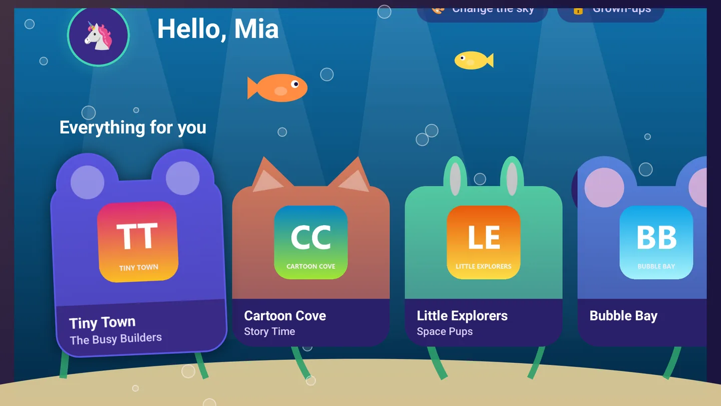 The kids home screen under the sea, scrolled to the animal-shaped channel cards, each with the channel's logo for a face.