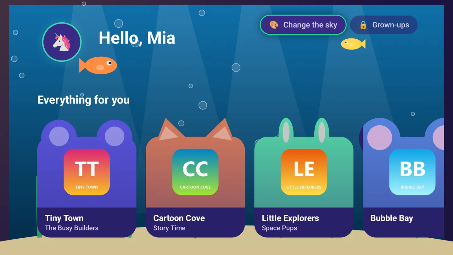 The kids home screen on the Under the sea sky, fish and bubbles: Hello, Mia, and the channels as animal-shaped cards with each channel's logo for a face.