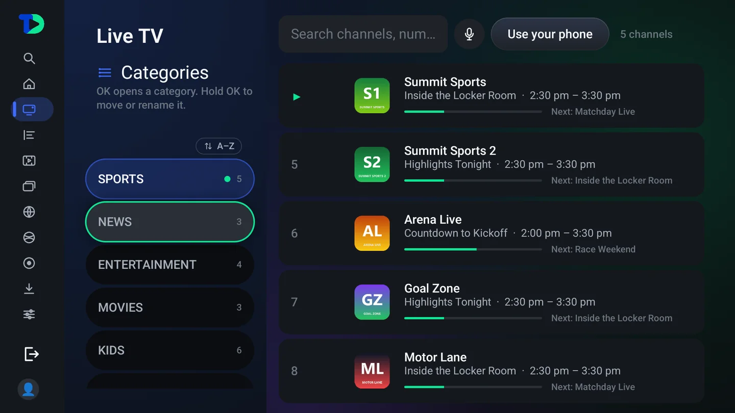 Live TV with the Categories column (Sports, News, Entertainment, Movies, Kids) and channel rows with numbers, logos, current programs, progress and what is next.