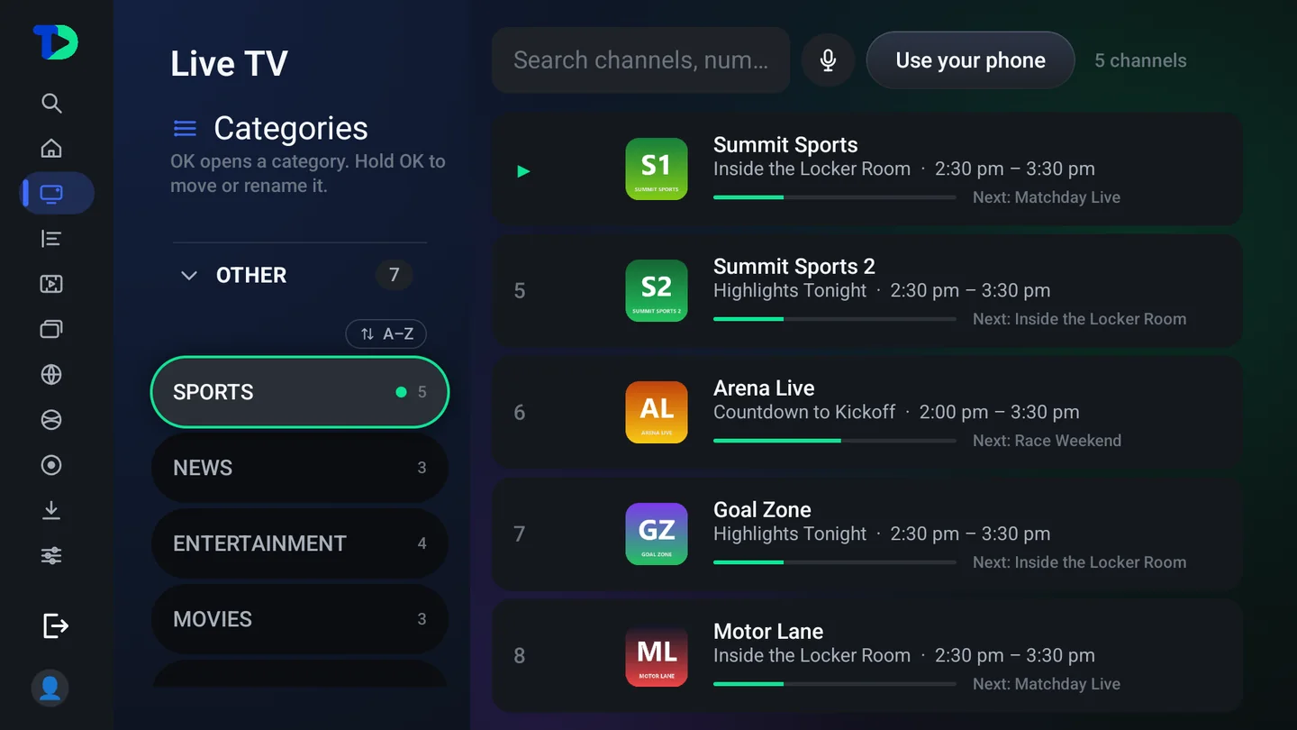 Live TV: a Categories column with lists and categories, a search box, and channel rows showing numbers, logos, current programs and what is next.