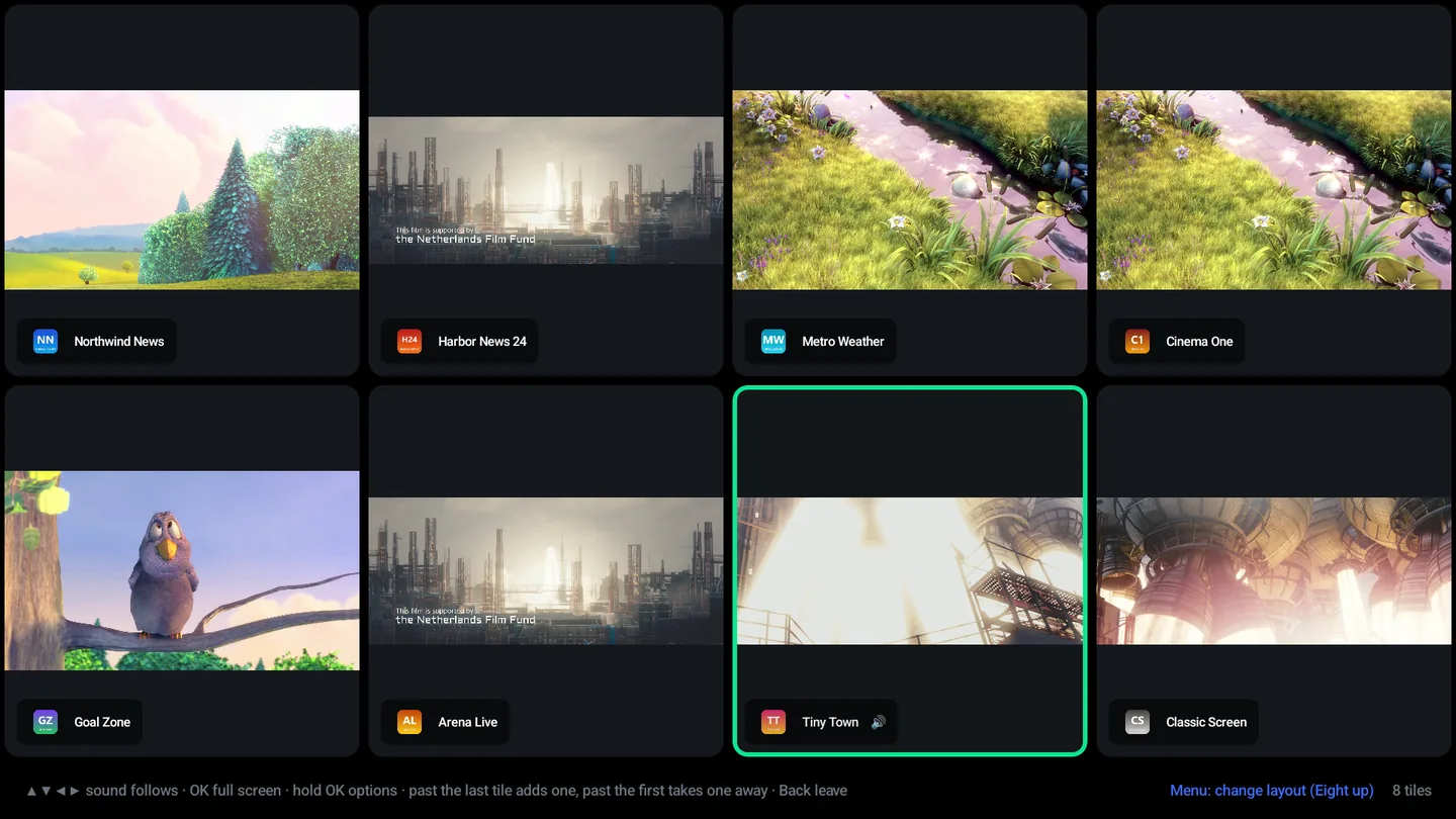 Multi-view with eight channels playing at once in a four-by-two grid.