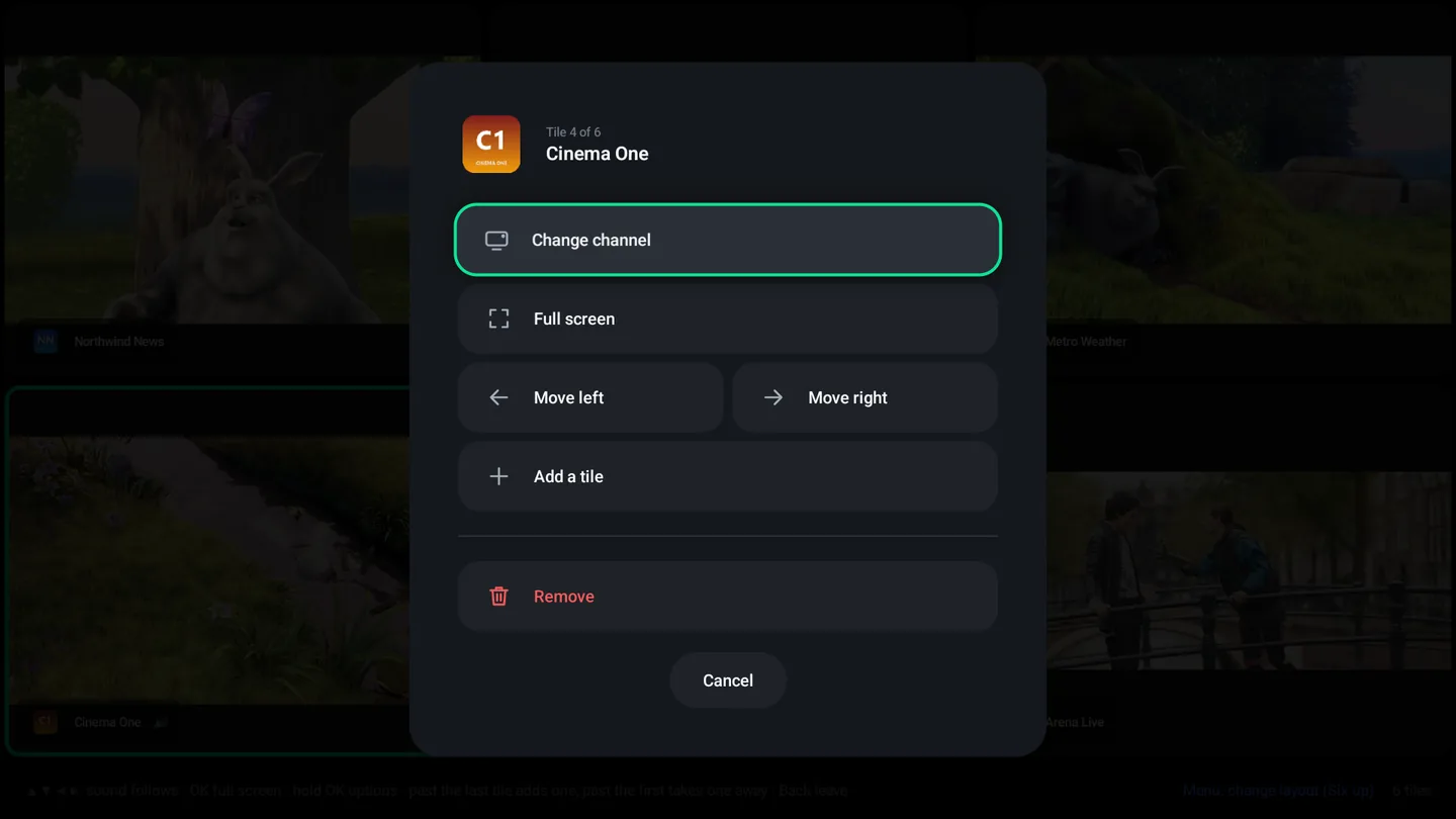 The tile menu in multi-view: Change channel, Full screen, Move left, Move right, Add a tile, Remove, Cancel.
