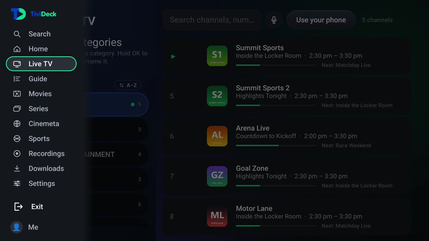 The side menu open: Search, Home, Live TV, Guide, Movies, Series, Cinemeta, Sports, Recordings, Downloads, Settings, Exit and the profile.