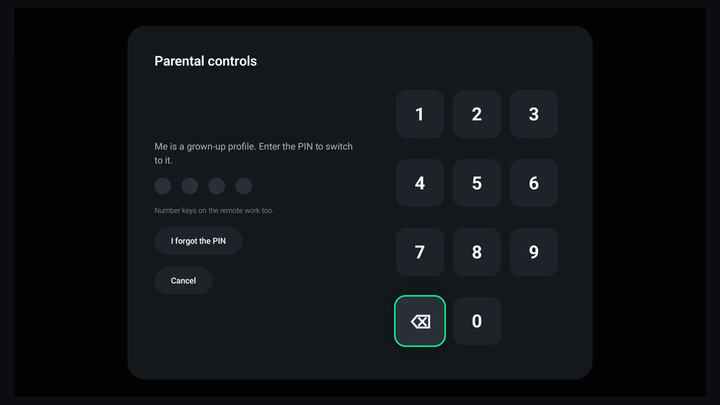 The parental controls PIN pad with an I forgot the PIN option.