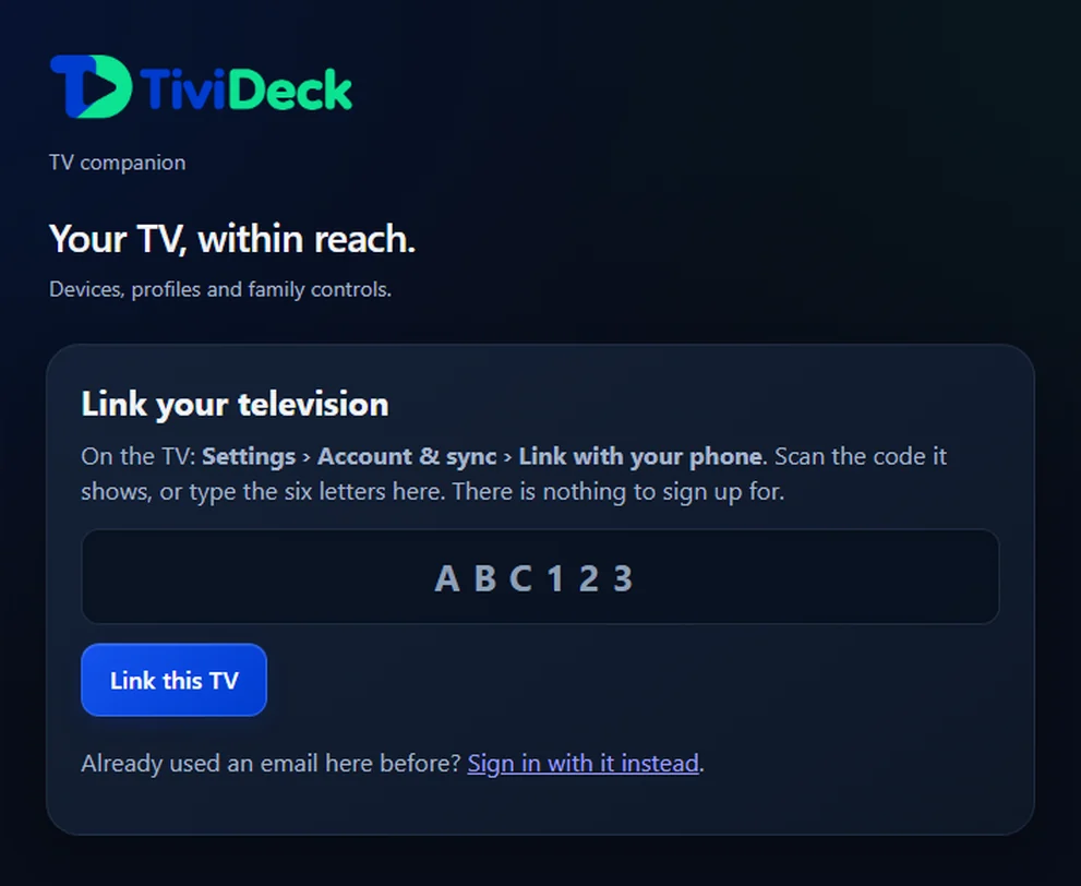 The phone companion page showing a six-letter code to link a television.