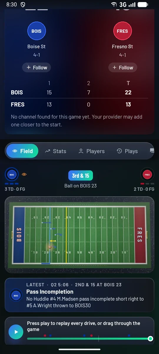 Boise State against Fresno State: the header in both teams' colors with their crests, the line score, and the football field with the current drive, third and 15 at the Boise State 23.