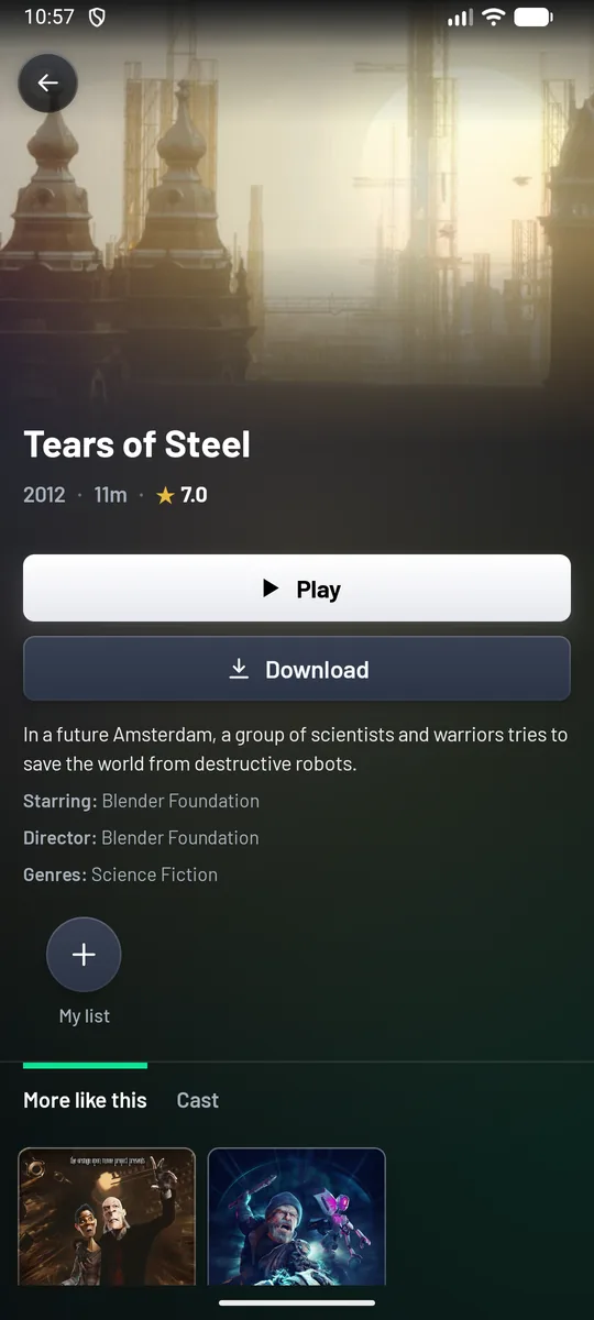 The film page for Tears of Steel: Play, Download, the synopsis, Starring, Director and Genres, a My list button, and More like this and Cast tabs.