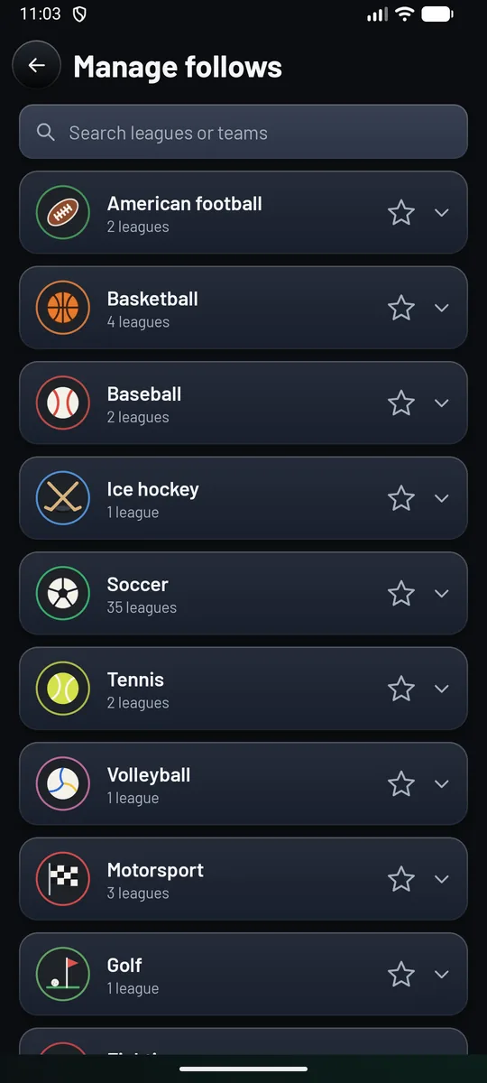 The Manage follows page: Search leagues or teams at the top, then American football, Basketball, Baseball, Ice hockey, Soccer, Tennis, Volleyball, Motorsport and Golf, each with its number of leagues and a star.