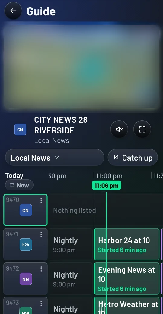 The phone guide: the channel playing at the top, an ABC Network chip and Catch up, then channels 9470 onward against the timeline, with the current time as a green line and Now to jump back to it.