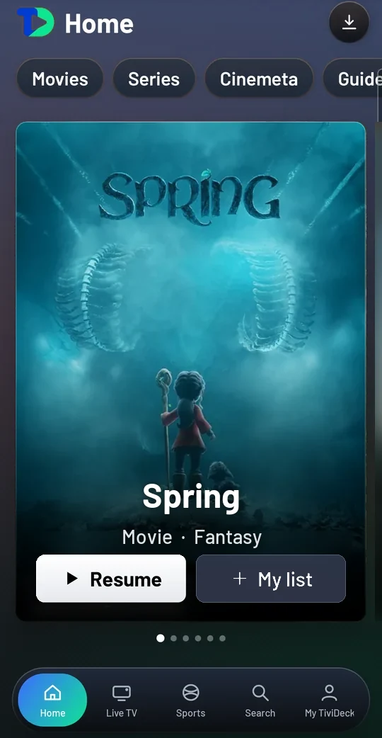 The phone Home tab: Movies, Series, Cinemeta and Guide chips, The Love Hypothesis featured large with Resume and My list, and the tab bar with Home, Live TV, Sports, Search and My TiviDeck.