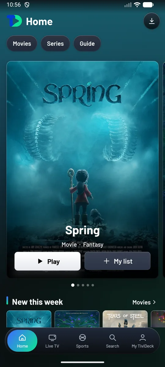 The phone's home screen with a large film poster, Play and My list.
