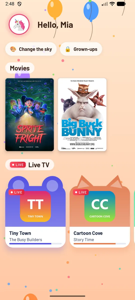 The phone's kids world for Mia: films, and live channels as a bear and a cat.