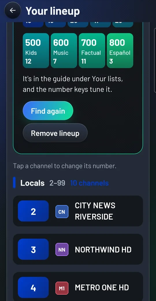 Further down the phone's lineup: Find again and Remove lineup, Tap a channel to change its number, and the Locals block, 2 to 99, with NBC Philadelphia on 2, CBS HD on 3 and ABC HD on 4.
