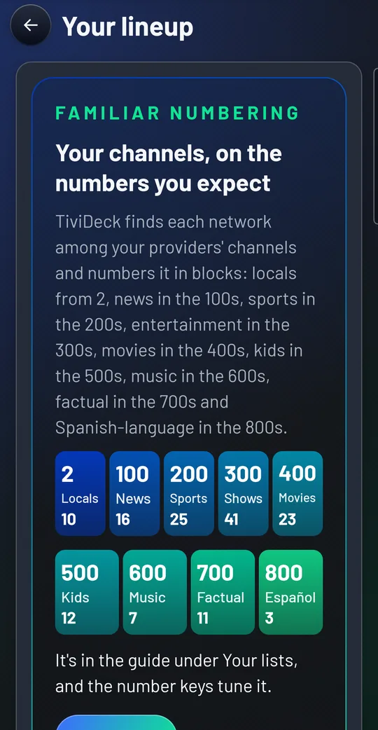Your lineup on the phone: Familiar numbering, how the blocks work, ten tiles from 2 Locals to 800 Espa&ntilde;ol with their channel counts, and It's in the guide under Your lists, and the number keys tune it.