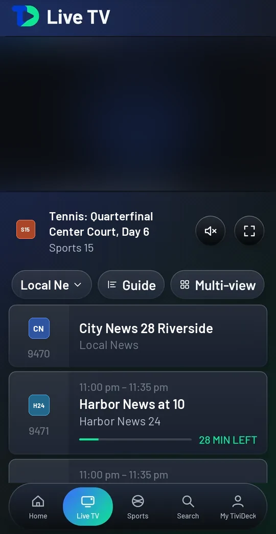 The phone Live TV tab: a tennis channel playing at the top with its program, sound and full-screen buttons, an ABC Network category chip, Guide and Multi-view, and ABC channels with their numbers, programs and time left.