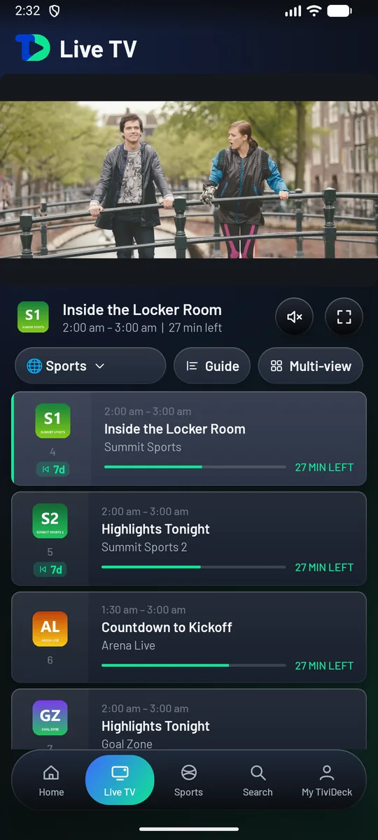 The phone's Live TV: the channel playing at the top with its sound and full-screen buttons under it, and the channel list with programs and time left.