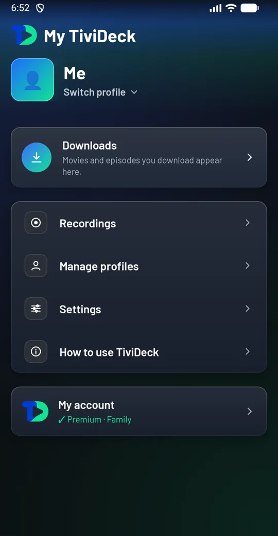 The My TiviDeck tab: the Me profile with Switch profile, Downloads, Recordings, Manage profiles, Settings and How to use TiviDeck, and the My account card showing Premium, Family.