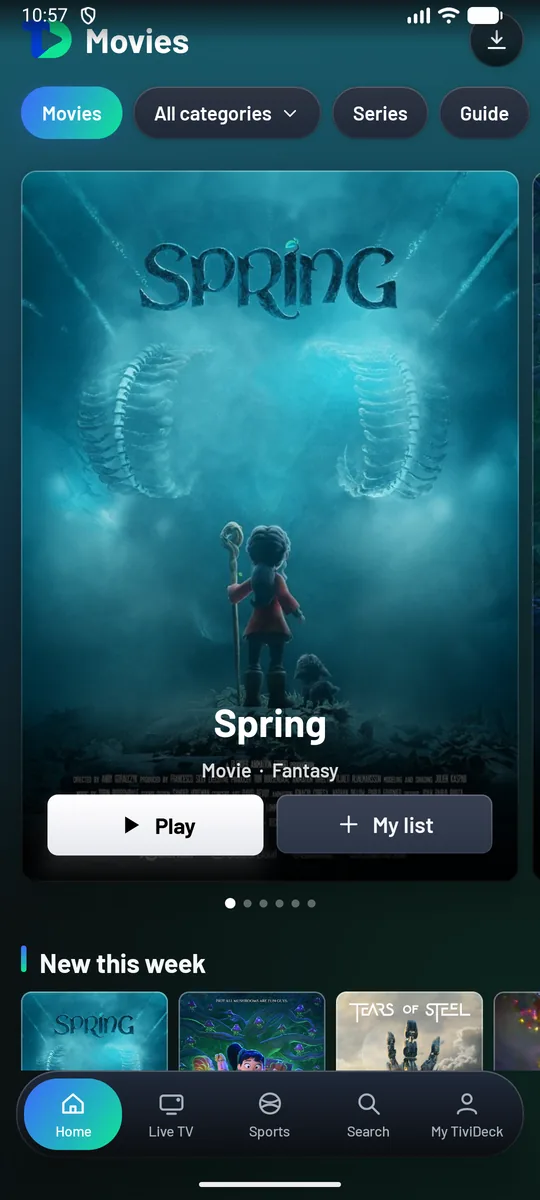 The Movies page on the phone: Movies, All categories, Series and Guide chips across the top, a featured film with Play and My list, and the New this week row.