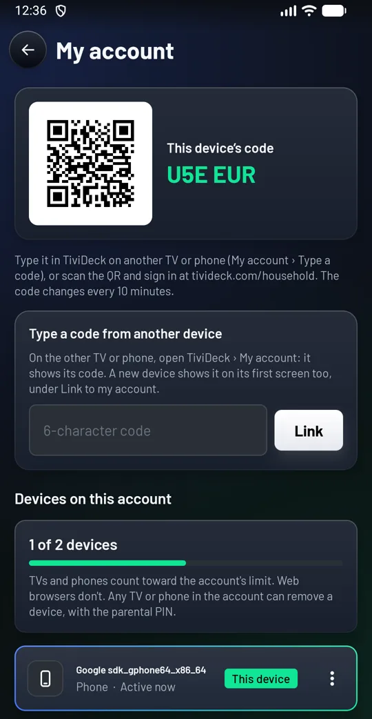 My account on the phone, further down: this device&rsquo;s code, Type a code from another device, and Devices on this account with 1 of 2 devices, the note that TVs and phones count and web browsers don&rsquo;t, and this phone marked This device.