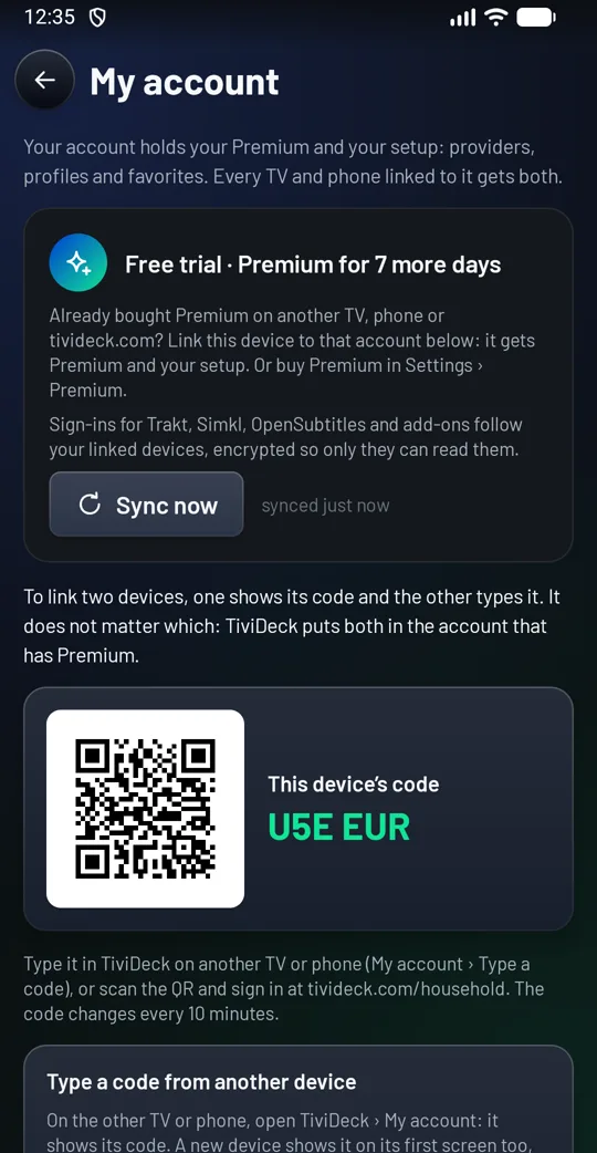 My account on the phone: the free trial status with Sync now, the rule that one device shows its code and the other types it, this device&rsquo;s code with a QR, and Type a code from another device with a Link button.