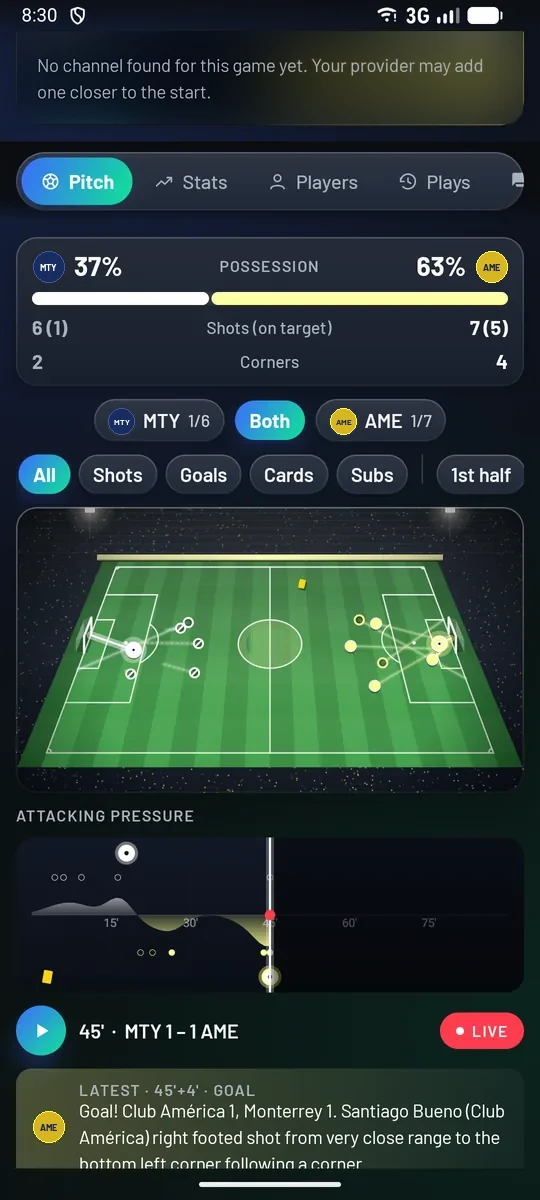 Monterrey against America: possession, shots and corners, then the pitch in a floodlit stadium with every shot drawn to goal, and the attacking pressure over the match.