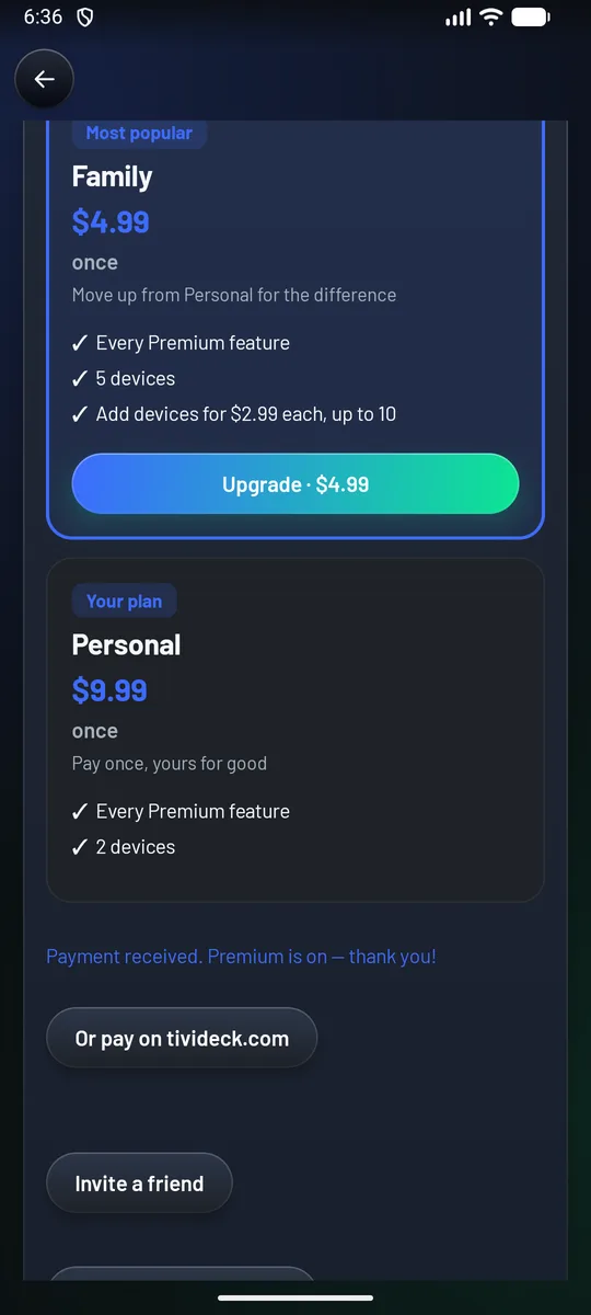 Right after buying Personal: Personal is marked Your plan, Family is offered as Upgrade for $4.99, and Payment received. Premium is on, thank you.