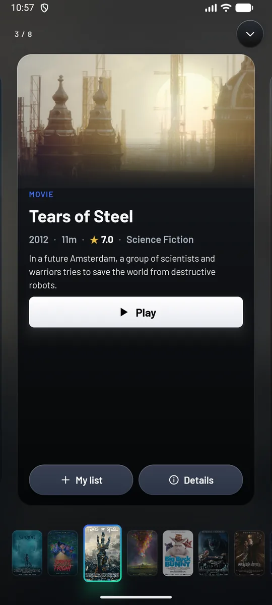 The preview card for Tears of Steel: 2012, 11 minutes, rated 7.0, Science Fiction, a one-line synopsis, Play, My list and Details, with the rest of the row as a strip of posters along the bottom.