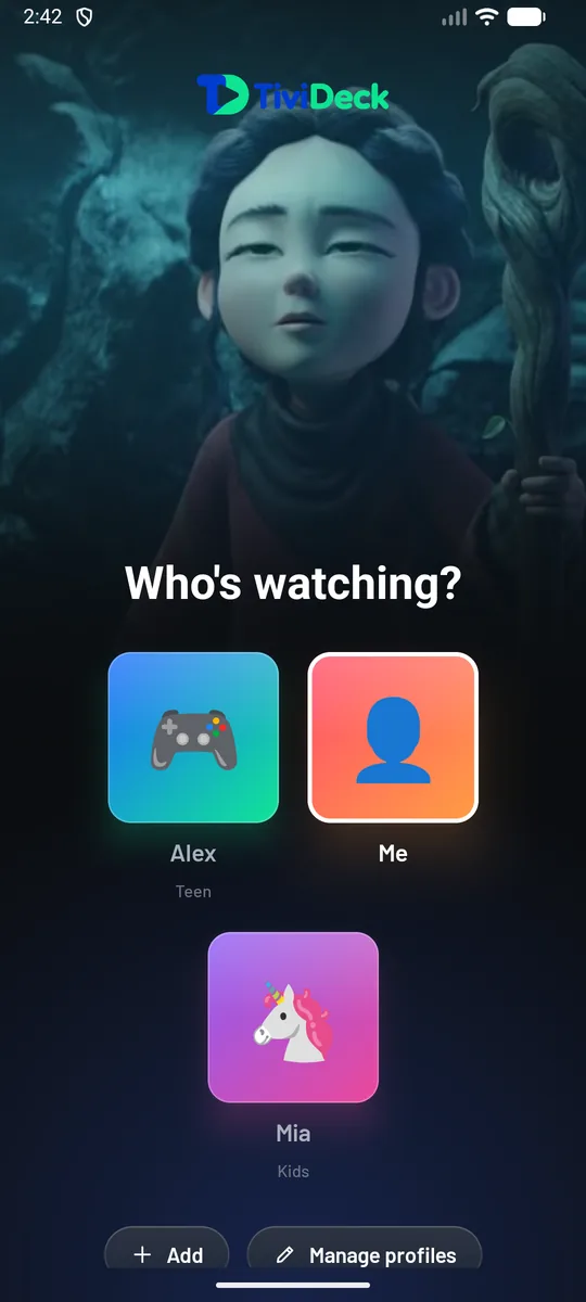 The phone's Who's watching screen with Alex (teen), Me and Mia (child).
