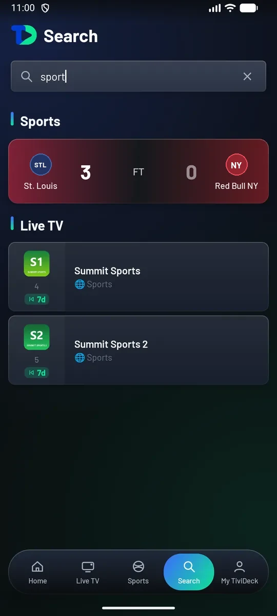 The Search tab with sport typed in: a Sports result, St. Louis 3, Red Bull NY 0, full time, and a Live TV section with Summit Sports and Summit Sports 2.
