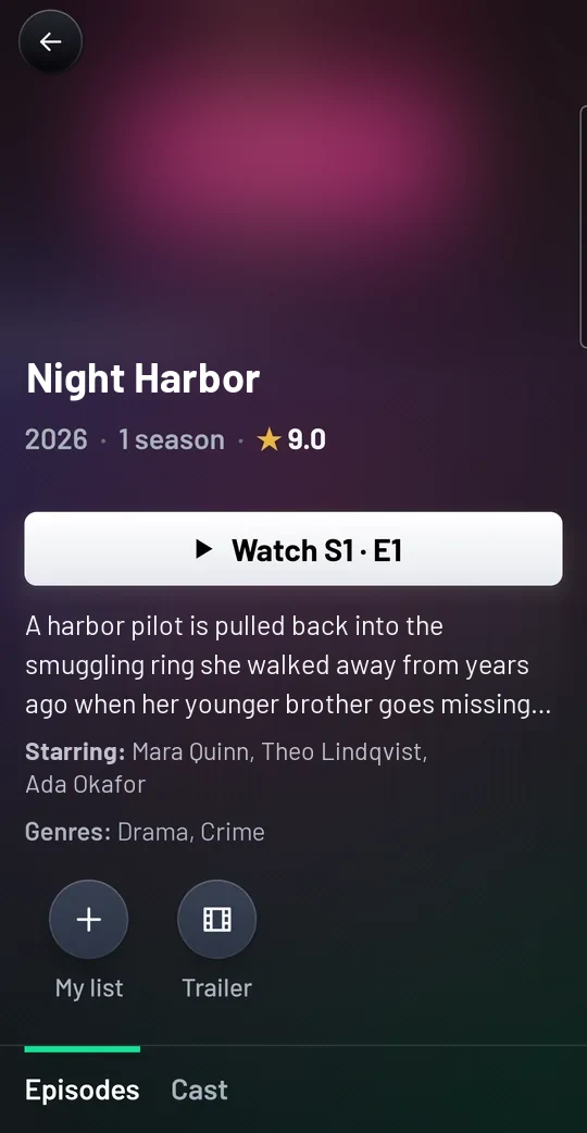 The page for Kill Jackie on the phone: 2026, 1 season, rated 9.0, Watch S1 E1, the story, Starring and Genres, My list and Trailer, and the Episodes and Cast tabs.