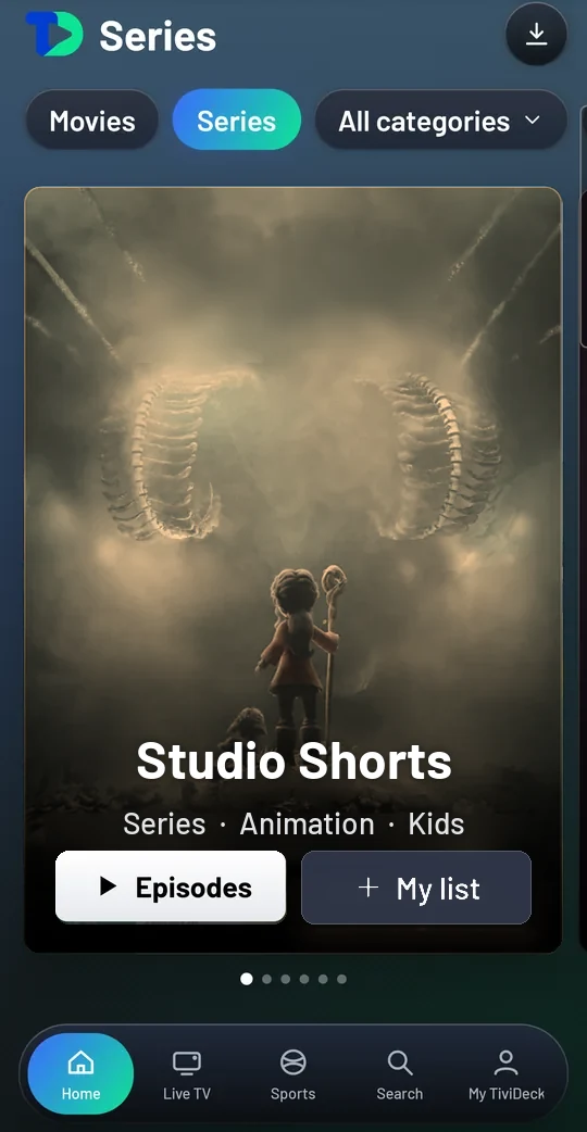 The Series page on the phone: Movies, Series and All categories chips, and Bluey featured large with Episodes and My list.