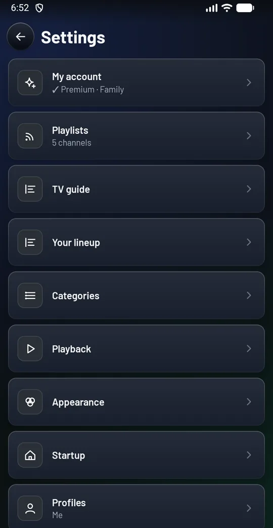 Settings on the phone: My account with Premium, Family first, then Playlists, TV guide, Your lineup, Categories, Playback, Appearance, Startup, Profiles and Family help.