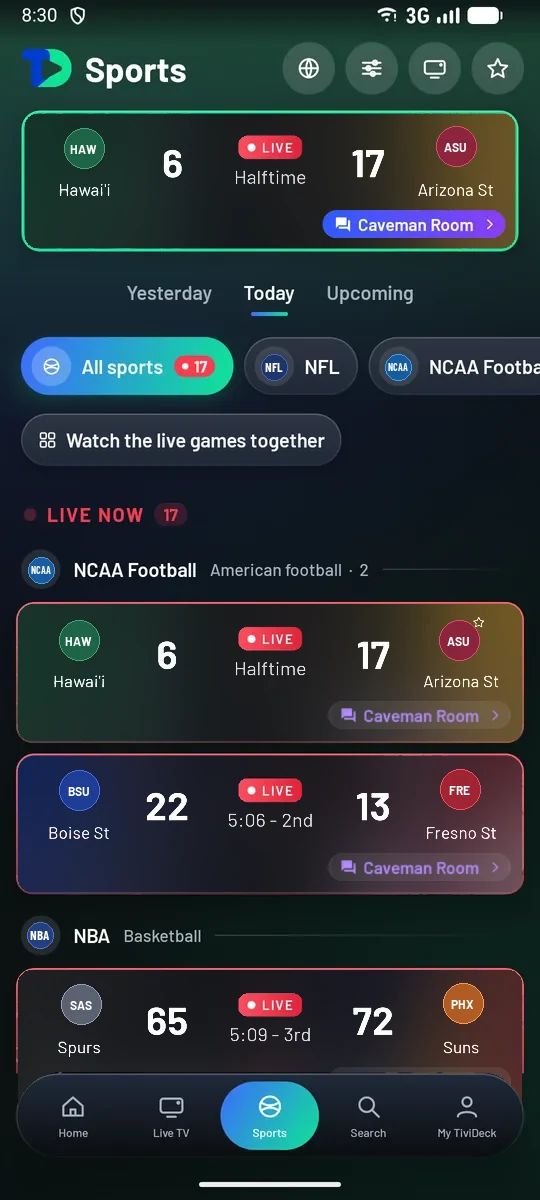 The phone's Sports Hub: live games, each card in both teams' colors with their crests.