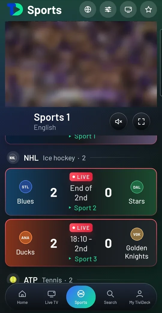 The phone Sports tab: a sports channel playing at the top, and live NHL games below, Blues 2, Stars 0 at the end of the 2nd and Ducks 2, Golden Knights 0 in the 2nd, each naming the channel carrying it.