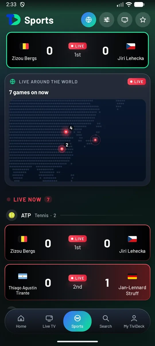 The Live around the world card on the Sports tab: a dotted world map with lit points where games are on, 7 games on now, and the live tennis matches listed below it.