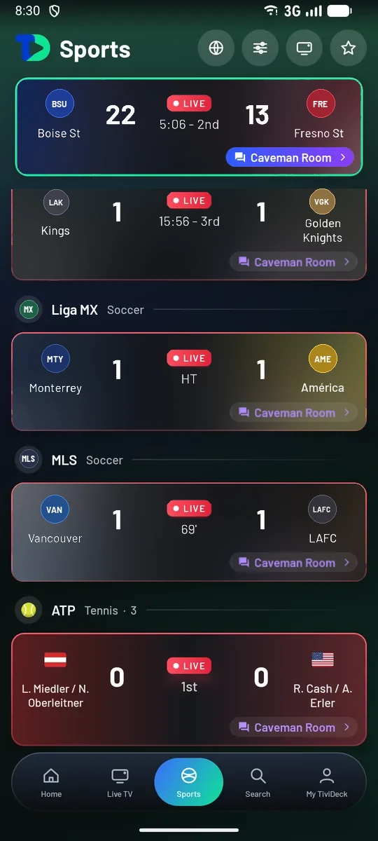 More live games on the phone: Kings at Golden Knights, Monterrey against America in Liga MX, Vancouver against LAFC in MLS and an ATP doubles match, each in its teams' colors.
