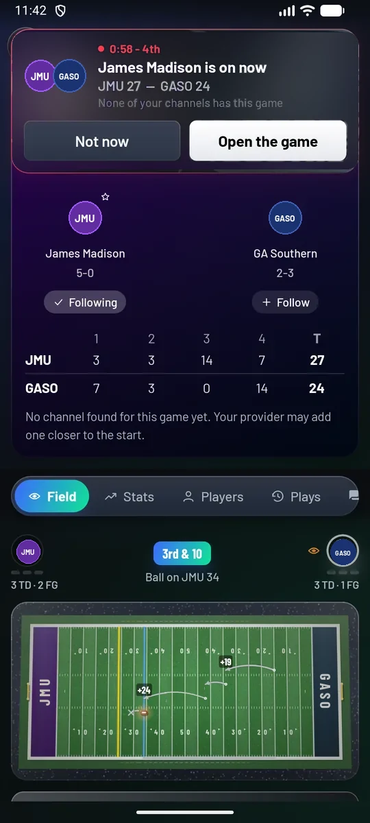 An alert at the top of the phone: James Madison is on now, 27 to 24 with 58 seconds left, in both teams' colors with their crests, and Not now or Open the game.