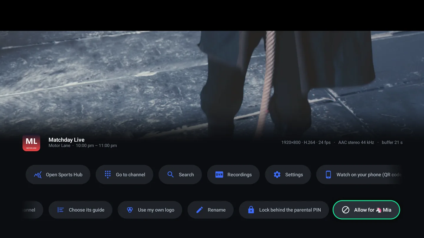 The second row of player options scrolled along: Choose its guide, Use my own logo, Rename, Lock behind the parental PIN and Allow for a child profile.