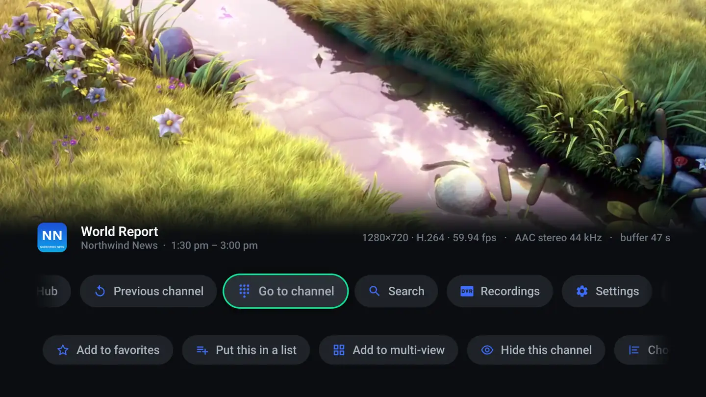 The player options wall over the playing channel: Open Sports Hub, Go to channel, Search, Recordings, Settings and Watch on your phone, and a second row for Add to favorites, Put this in a list, Add to multi-view, Hide this channel and Choose its guide.