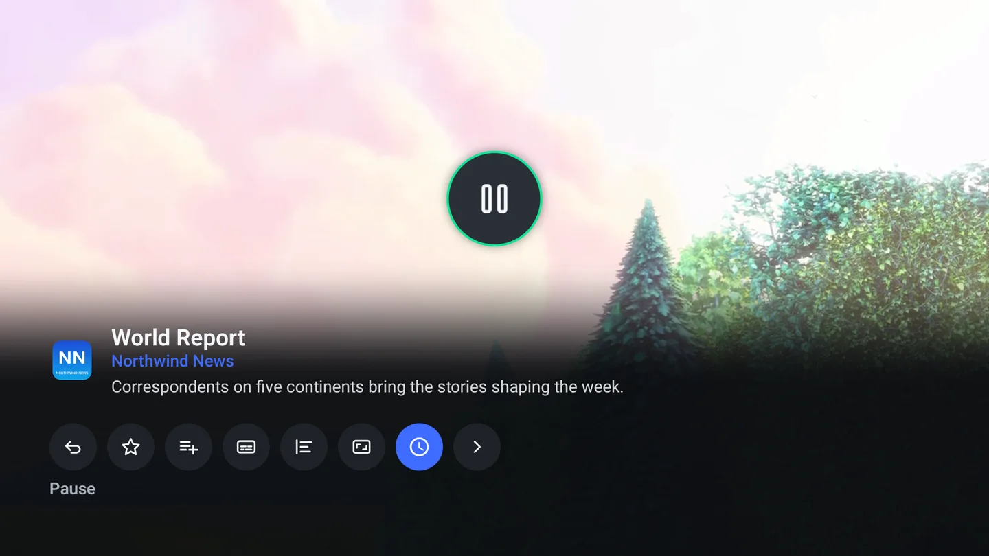 Player controls over the picture: a large pause button and an icon row for previous channel, favorite, add to list, guide, picture shape and more.
